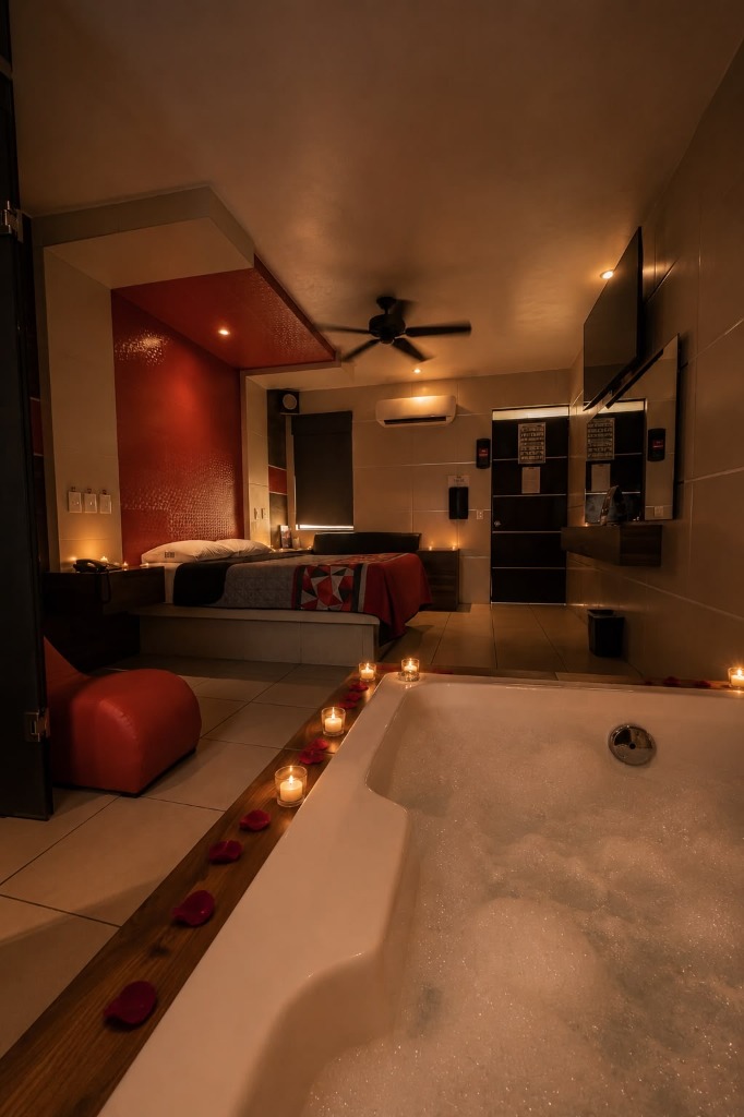Jacuzzi con espuma y velas en primer plano con la habitación al fondo Motel Barcelona